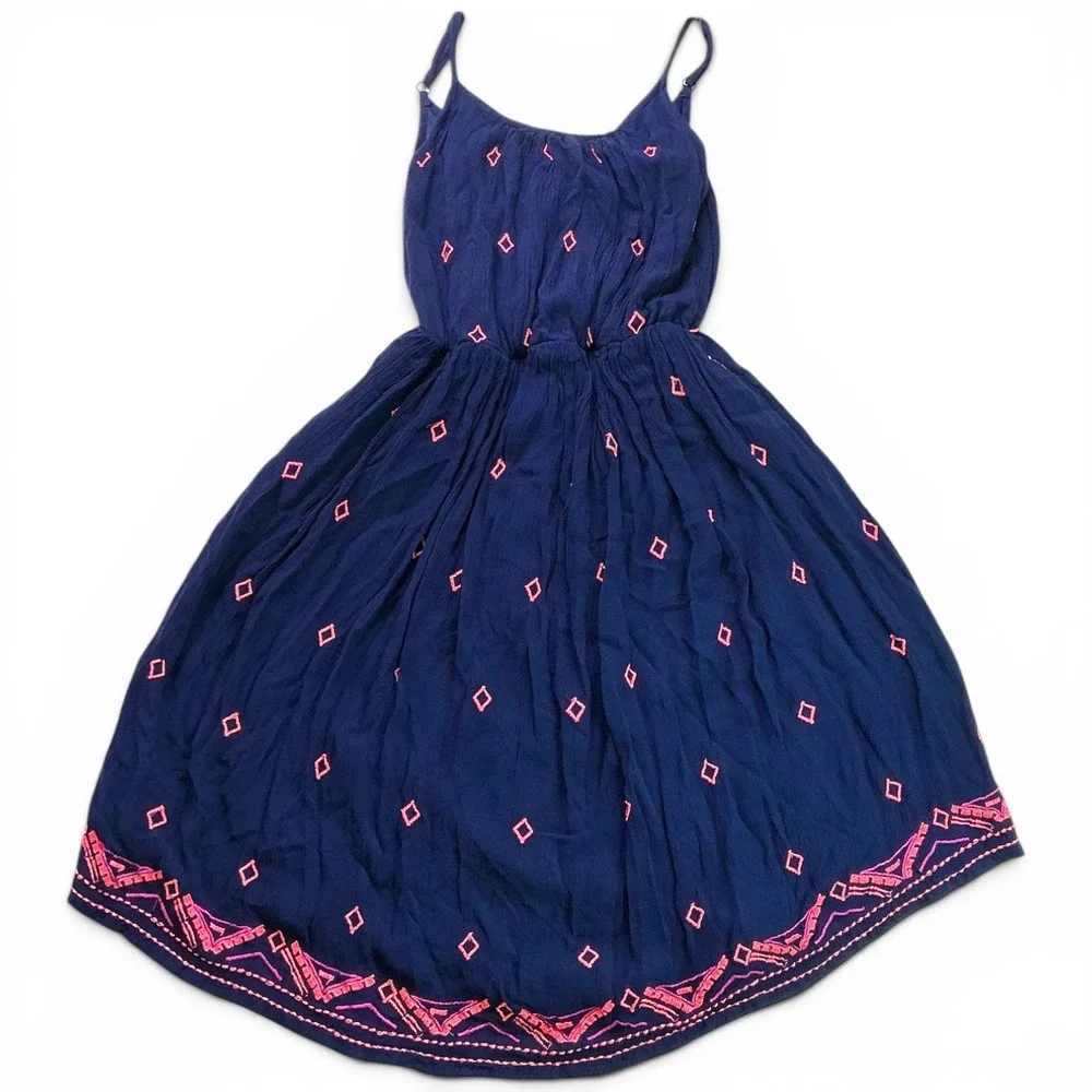 Sapna Kids Navy Blue Embroidered Sun Dress Girls Sz 8 Neon Pink Boho Adjustable